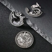 2pcs/Set Separable Deer Head Keychain, Interlocking Morgan Silver Coin Puzzle Pendant, Vintage Gothic Style Coin Charm, Matching Car Key Accessories For Couples - 2 Deer Heads - View 11
