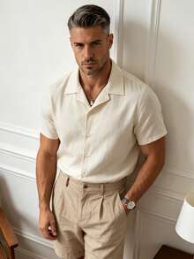 Men's Summer Solid Color Short Sleeve Loose Fit Cuban Collar Casual Shirt - Apricot - View 2