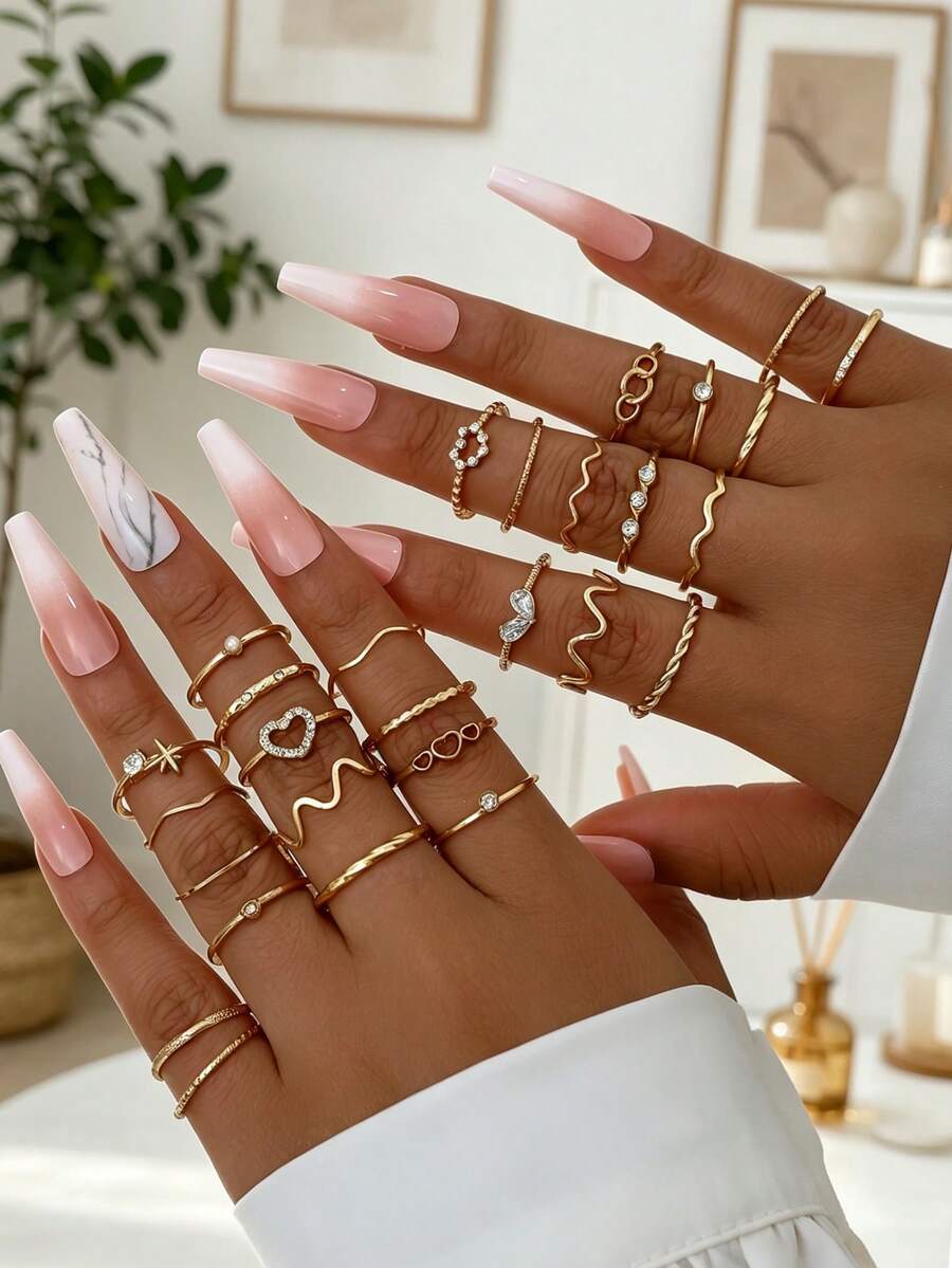 28PCS INS Style Gold Heart Rhinestone Thin Ring Set, Asymmetrical Wave Thin Design Stackable Niche Aesthetic Rings For Women - Gold - View 1