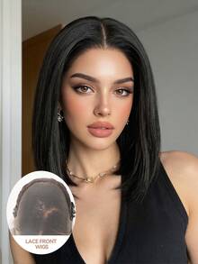 Topshe Peruca Bob Curta Preta Natural 13x6 Lace Front Cabelo Liso HD Lace Front Peruca Bob Cabelo Liso Brasileiro para Mulheres Peruca Lace Front Transparente Sem Cola com Baby Hair Repartição Aleatória, Halloween - Multicolorido - Visão 2