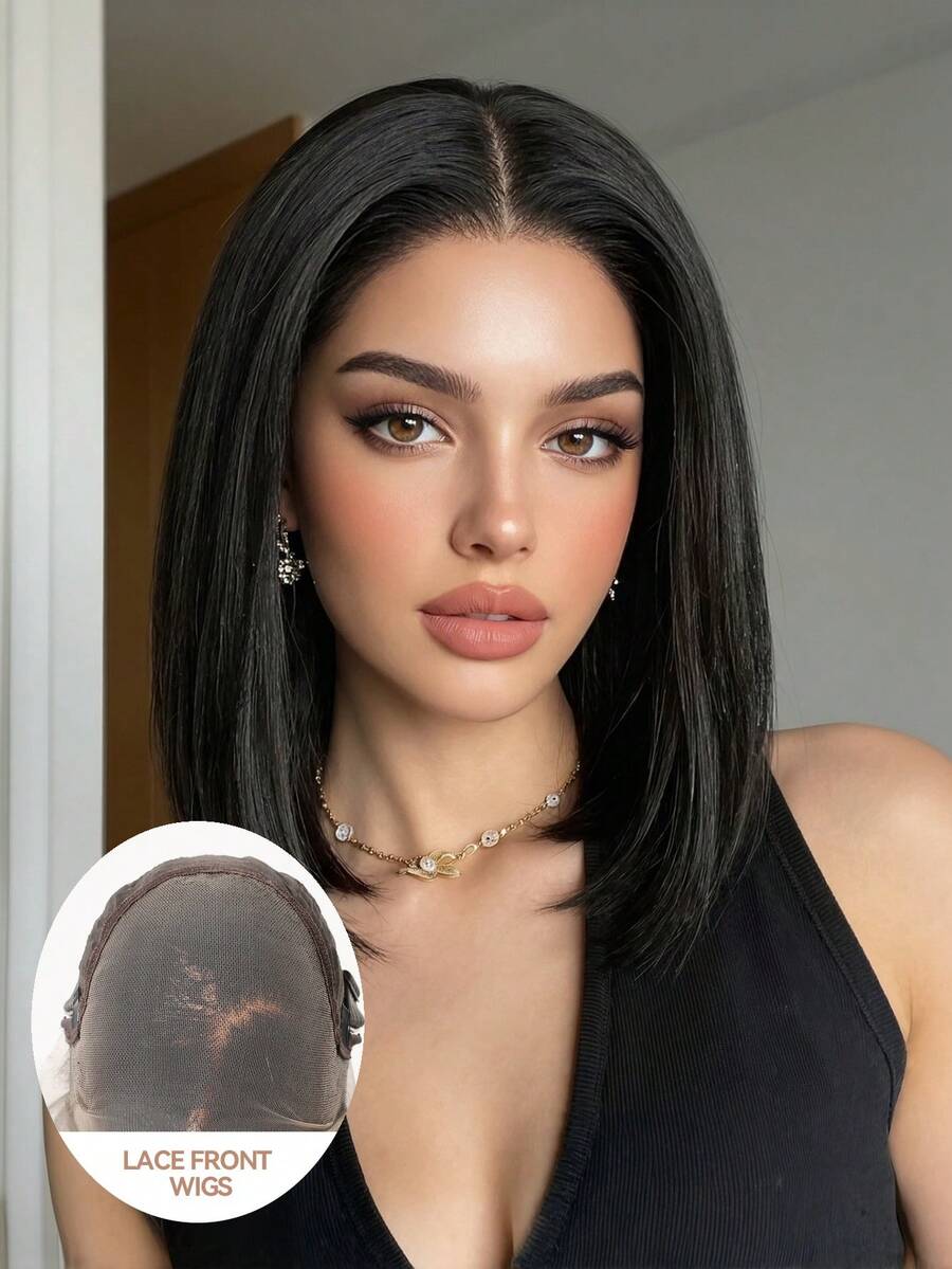 Topshe Peruca Bob Curta Preta Natural 13x6 Lace Front Cabelo Liso HD Lace Front Peruca Bob Cabelo Liso Brasileiro para Mulheres Peruca Lace Front Transparente Sem Cola com Baby Hair Repartição Aleatória, Halloween