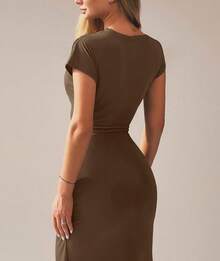 CALEBGAR Women's Elegant Mock Neck Short Sleeve Twist Front Ruched Bodycon Maxi Dress - Brown - View 7