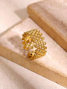 1PC Vintage Textured Multi Row Ball Bead Rings For Women Gold Color Stainless Steel Multi-Layer Beaded Open Ring Wide Band Stackable Finger Jewelry - Multicolor - View 3