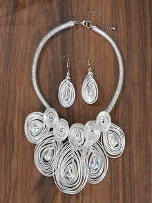 2Pcs Handmade Boho Crystal Jewelry Set, Silver Wire Wrapped Teardrop Necklace & Drop Earrings For Women, Daily Holiday Accessory - Silver - View 6