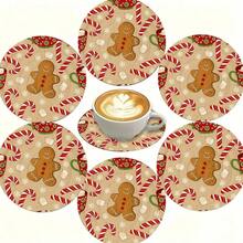 6pcs Christmas Themed Wooden Coaster Set, Classic Gingerbread Man Design Creates Holiday Atmosphere – Suitable For Restaurant, Living Room Or Tea Time Gathering – 10cm_3.9in, Tea Party Essential - Multicolor - View 1