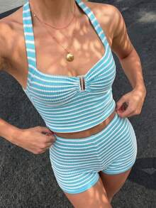 2pcs Knitted Striped Contrast Color Resin Hollow Out Beachwear Bikini Set Casual Summer Elegant - Sky Blue - View 4