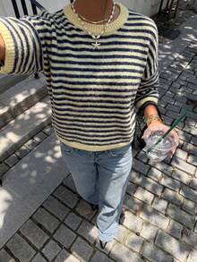 女款休閒可愛 Y2K 條紋半袖羊毛短版針織套頭上衣，適合夏季秋季外出穿搭、返校、上班、約會與度假 - 黃色 - 查看 8