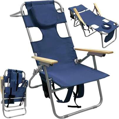 16 Tall Backpack Beach Tanning Chair With Camping Stool For Adults Heavy Duty 5-Position Folding Face Hole 265lbs Navy Portable Outdoor