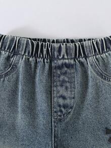 Girls' Vintage Distressed Denim Jeans With Bow Print, Elastic Waist Wide Leg Long Pants, Casual Everyday Fashion Outfit - Light Wash - View 5
