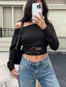女款優雅秋季通勤黑色不對稱肩蕾絲拼接上衣,適合日常穿著、外出、度假、返校、辦公通勤 - 黑色 - 查看 4