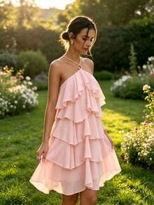 QIANZHIDU Spring/Summer Light Pink Solid Color Halter Neck Ring Tie Multi-Layer Ruffle Waist-Cinching Asymmetrical A-Line Dress, Suitable For Birthday Party, Beach Vacation, Street Outing, Date Afternoon Tea - Pink - View 9