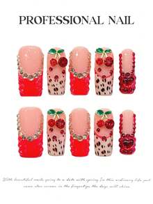Long Rectangle Fake Nails Cherry Red Leopard Print 10 Pieces Handmade Press On Nails - Red - View 11