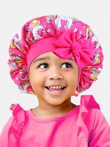 1 pieza Gorro redondo de satén con cinta elástica estampada para niños, adecuado para uso diario - Unicornio rojo rosado - Ver 3