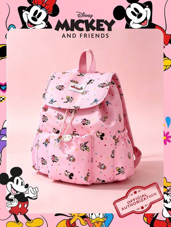 1pc Disney Officially Licensed Mickey And Friends Pattern Drawstring Flap Casual Backpack, Cute Cartoon Nylon Backpack With Adjustable Shoulder Straps, Lightweight School Day Bag, Sports Outdoor Bag, Suitable For Girls/Students/Young People/Fans, Ideal For Back To School, Daily Casual, Short Trips, Casual Outdoor!