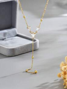 LIEBEIRIS 1pc 18K Gold Plated Y-Shaped Necklace With Water Drop Stone, Stainless Steel Necklace Suitable For Women's Daily Wear And Gift Giving - Gold - View 2
