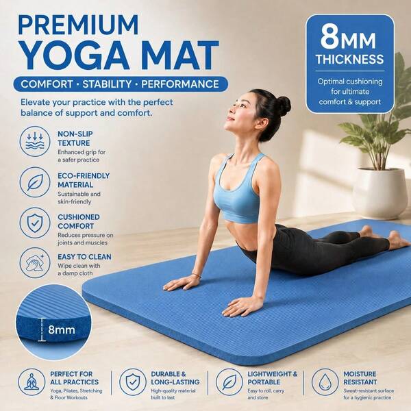 Blue Non-Slip Workout Yoga Mat, Thick & Durable Exercise Mat For Home Fitness, Pilates