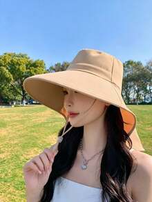 女款戶外休閒寬簷遮陽帽，夏季防曬帽。採用透氣面料製成，舒適耐穿不悶熱，可折疊便攜，有效保護臉部免受日曬，附防風繩，適合海灘度假與戶外旅行 - 寬簷遮陽帽 - 查看 10