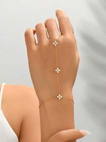 LIEBEIRIS 1pc 18K Gold Plated Flower Stone Inlaid Stainless Steel Finger Bracelet, Suitable For Women's Daily Wear And Gift Giving - Yellow Gold - View 3