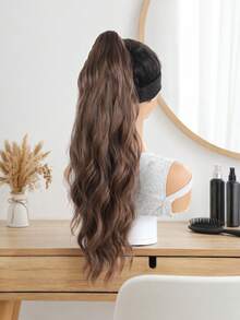 22 Inch Long Synthetic Wavy Ponytail Hair Extension For Women, Fashion Gradient Gold, Burgundy, Black, Brown, Heat-Resistant Material, Clip-In Ponytail For Party And Festival - Multicolor - View 3