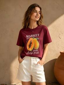2026 Summer Women Round Neck Tee, Watercolor Papaya Mango Print, Soft Breathable Casual Top Daily Vacation, Free Shipping Ship In 24H. - 酒紅色 - 查看 13