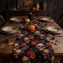 1 pièce Chemin de table style gothique avec motif de crâne et floral, style moderne, décoration de cuisine à la maison, fournitures de fête intérieur/extérieur, convient pour la décoration quotidienne de la cuisine à la maison et la décoration d'événements, décoration d'Halloween. - Multicolore - Voir 2