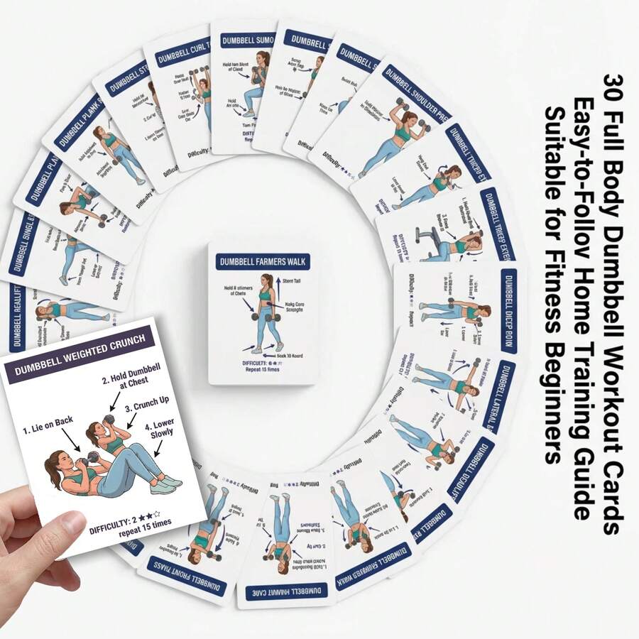 30pcs Full Set - Easy To Follow - Dumbbell Fitness Exercise Cards, Full Body Strength Training Illustrated Cards, Home Personal Trainer Workout Reference Cards, Full Body Shaping Fitness Cards, Beginner Fat Loss Strength Training Reference Cards, Full Body Muscle Group Exercise Illustrated Cards - Dumbbell Fitness Flashcards 4 - View 1