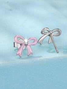 1 Pair S925 Sterling Silver Cute Sweet Ins Girl Style Bow Stud Earrings, Minimalist Gentle Fresh Personalized Exquisite Fashion Matching Earrings, Sweet Girl Casual Wear, Daily Versatile Elegant Gift - Bow - View 4