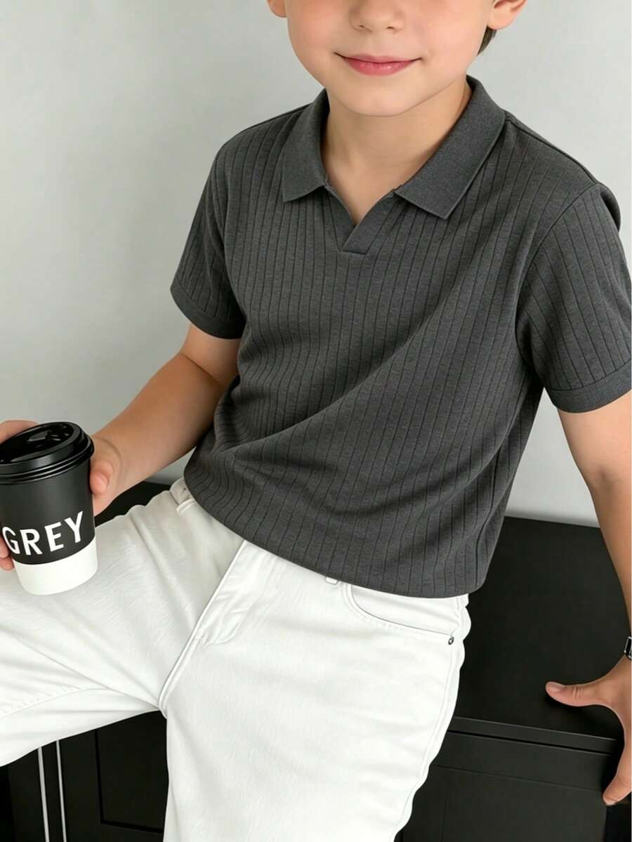 Boys' Teen Student Casual Solid Color Crew Neck Pullover Knit Ribbed Short Sleeve T-Shirt Spring/Summer Top - Dark Grey - View 1
