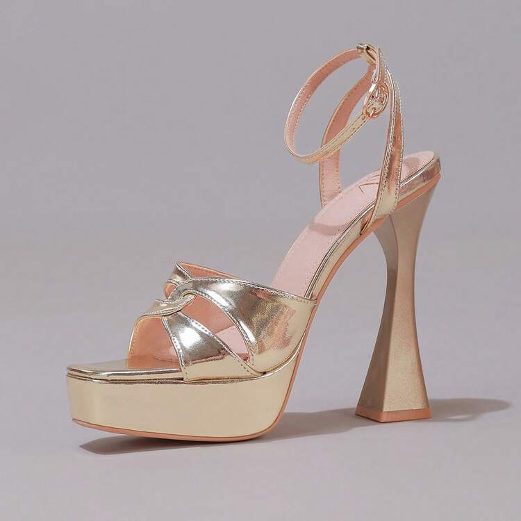 Fashion Patchwork Champagne High Heel Sandals Sexy Party Shoes Open Toe Square Toe Wine Glass Heel Platform Slippers For Ball, Runway, Evening Party High Heels For Women - Champagne - View 14