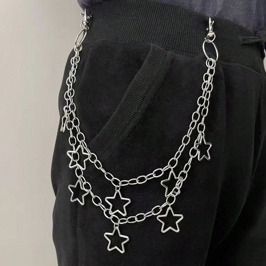 1件金色星星吊墜多層男士褲鏈,派對街頭嘻哈穿搭配件個性化金屬牛仔褲鏈 - 銀色 - 查看 1