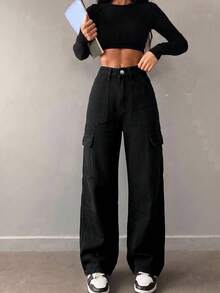 Women's Casual All-Match Mid-Rise Straight Leg Work Jeans Black - Black - View 6