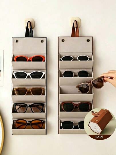 1 pieza Caja de almacenamiento de gafas plegable, organizador de gafas de estilo vintage de cuero sintético, 2/3/4/5/6 compartimentos, estuche de gafas portátil para viajes, diseño plegable, no lavable, características: sin impresión, bordes sin color, accesorio de bolso