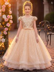 Tween Girl Flutter Sleeve Sequin Bow Mesh Full Skirt Long Dress, Flower Girl Wedding Party Formal Gown - Gold - View 3