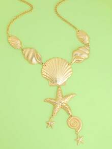1 pieza Collar exagerado de estilo oceánico con concha, caracol y estrella de mar para niña, verano y vacaciones en la playa - Dorado - Ver 4