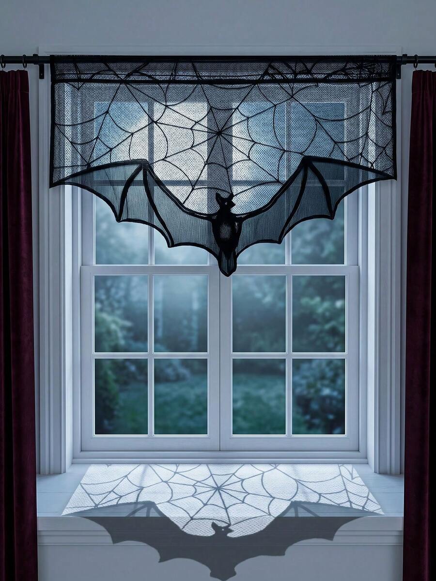 Black Lace Halloween Gothic Bat Curtain, Halloween Lace Trim Short Curtain Valance, Suitable For Kitchen Windows, Black Horror Decoration; Spider Web Witch Skeleton Door Curtain Decoration, Create Scary Atmosphere Halloween Holiday Party Home Decor - M - View 1