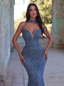 Women's Strapless Sequin Evening Gown, Slim Fit, With Shoulder Chain Wedding Party Fall - Dusty Blue - View 2