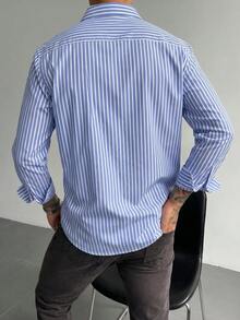 Men's Striped Single-Breasted Casual Versatile Elegant Daily Commute Long Sleeve Shirt - Blue and White - View 2