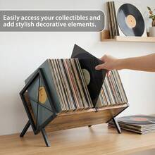 7Sevenjokers Vinyl Record Storage Rack, Wrought Iron And Wooden Magazine Rack, Multifunctional Storage Rack, Desktop Document And Magazine Holder, Minimalist And Modern, Suitable For Bedrooms, Studies And Living Rooms - Brown - View 10