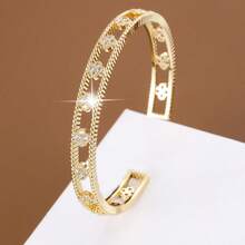 1pc Fashionable Hollow Flower Design Cuff Bracelet Inlaid With Artificial Zirconia For Women - Multicolor - View 2