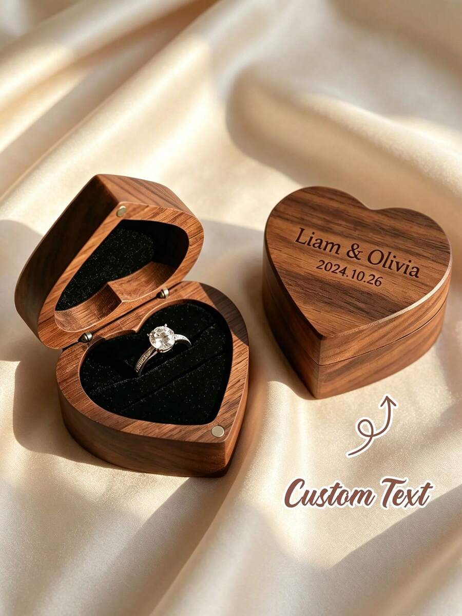 Custom Walnut Wood Ring Box, Engraved With Name And Date, Designed For Proposal And Wedding. Can Hold Two Rings, Features Flip Lid With Magnetic Closure, Perfect Choice For Engagement, Wedding, Anniversary, Valentine's Day - Multicolor - View 1