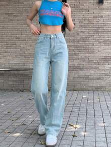 女款寬鬆直筒藍色牛仔褲，九分長休閒秋季款 - 淺藍色 - 查看 3