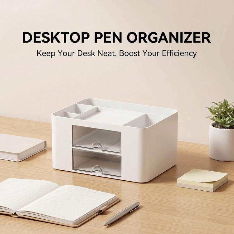 1 pieza Organizador de escritorio con cajón - Caja de almacenamiento de artículos de papelería, organizador de lápices y accesorios de plástico, caja de almacenamiento de suministros de oficina con múltiples compartimentos, organizador de soporte para bolígrafos, caja de almacenamiento de cosméticos - Azul - Añade 5