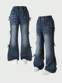 Celana Jeans Denim Model Lebar untuk Anak Perempuan dengan Detail Pita Hitam, Gaya Y2K, Pinggang Elastis, Pakaian Musim Gugur/Musim Dingin - Dark Wash - View 3