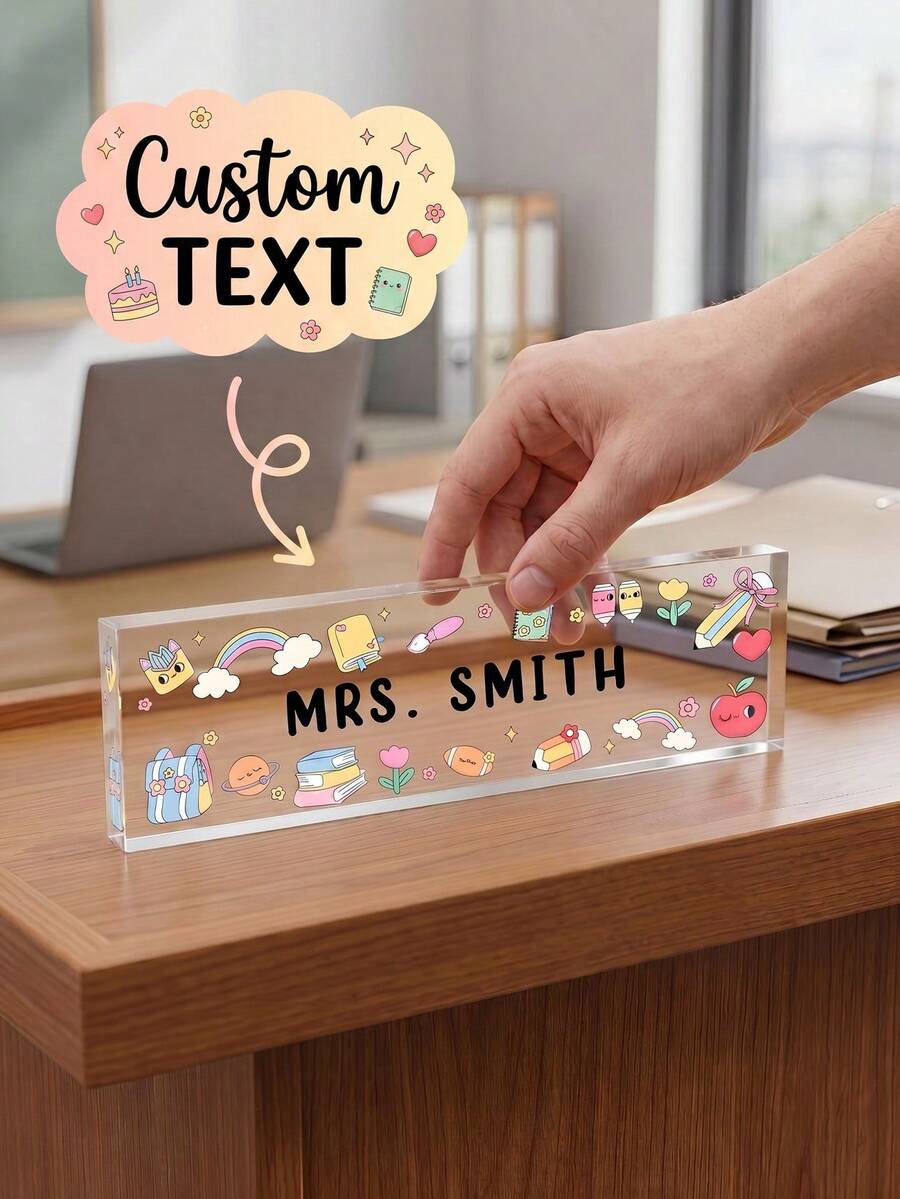 1pc Customized Personalized Cute School Cartoon Desktop Nameplate With Custom Teacher Name Text, Desktop Sign, Teacher Appreciation Back To School Season Teacher's Day Gift, Suitable For Preschool Kindergarten Elementary School Teachers, Classroom Teacher Office Desktop Decor - Multicolor - View 1