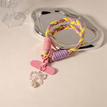 Bowknot Pearl Pendant Wrist Strap, Durable, Color-Blocked, Short Style, Unisex, Colorful Phone Woven Lanyard, Universal Pendant Chain, Short Cord, Sturdy, Perfect For Travel, Anti-Lost Gadget, Frees Your Hands - Multicolor - View 6