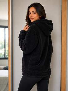 Women's Faux Fur Hooded Zipper Jacket - Black - View 4