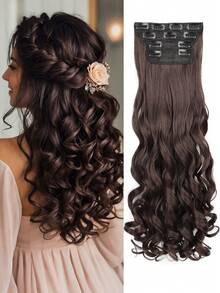 Tóc nối kẹp 4 miếng dài 20 inch, tóc sóng lượn, sợi tổng hợp mềm tự nhiên chịu nhiệt cao, phụ kiện tóc kẹp cho nữ dùng cho đám cưới, tiệc và hằng ngày - Dark Brown - Xem 10