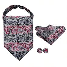 Black Base Red White Striped Paisley Ascot Cravat 3 In 1 Accessory Pack,Mens Evening Party Matching Pocket Square Cufflink Kit - Multicolor - View 3