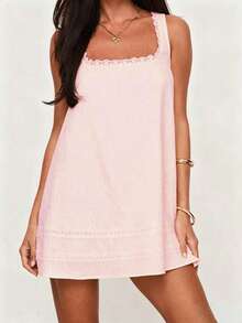1 pieza Vestido mini elegante de unicolor con encaje de tela tejida y volante en el bajo, vestido de playa para mujer para primavera/verano - Rosa Pálido - Ver 3