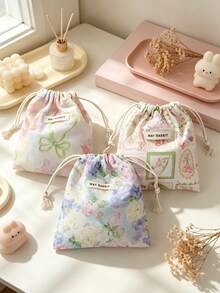 Cute Floral Drawstring Storage Bag Small Fabric Makeup Pouch Portable Jewelry Lipstick Coin Purse Kawaii Mini Travel Storage Sack For Women Daily Use - Multicolor - View 5